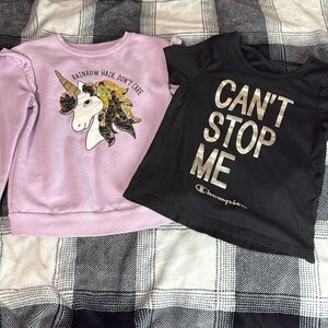 Champion Tee and Unicorn Sweatshirt